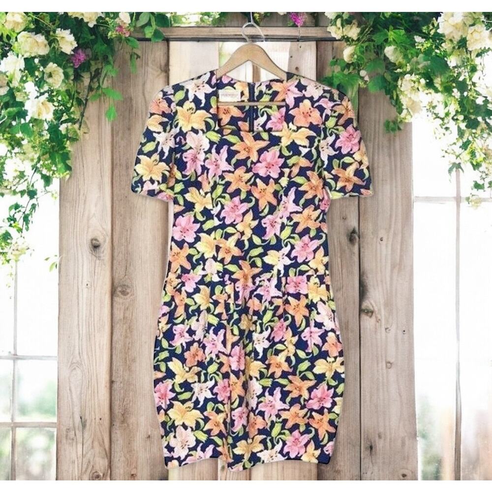 David Warren New York VTG Women's 16 100% Cotton Tropical Print Sheath Dress